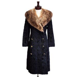 Vtg 60s Seymour/Miss Fox Huge Genuine Fur Collar Black Faux Lamb Coat Womens L